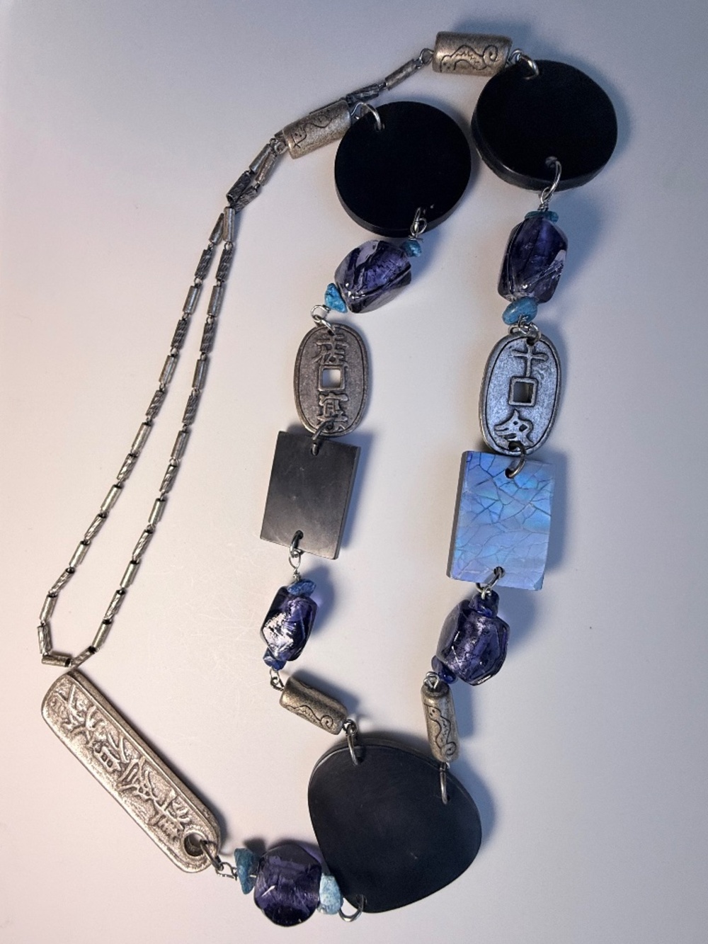 Vintage Handcrafted Blue Shell Mosaic Statement Necklace